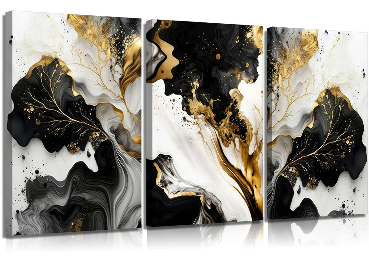 3Pcs Abstract Marble Canvas Wall Art Picture Black White Gold Texture Poster Print Modern Painting Wall Decor for Bedroom Living Room Office 12x16in Framed