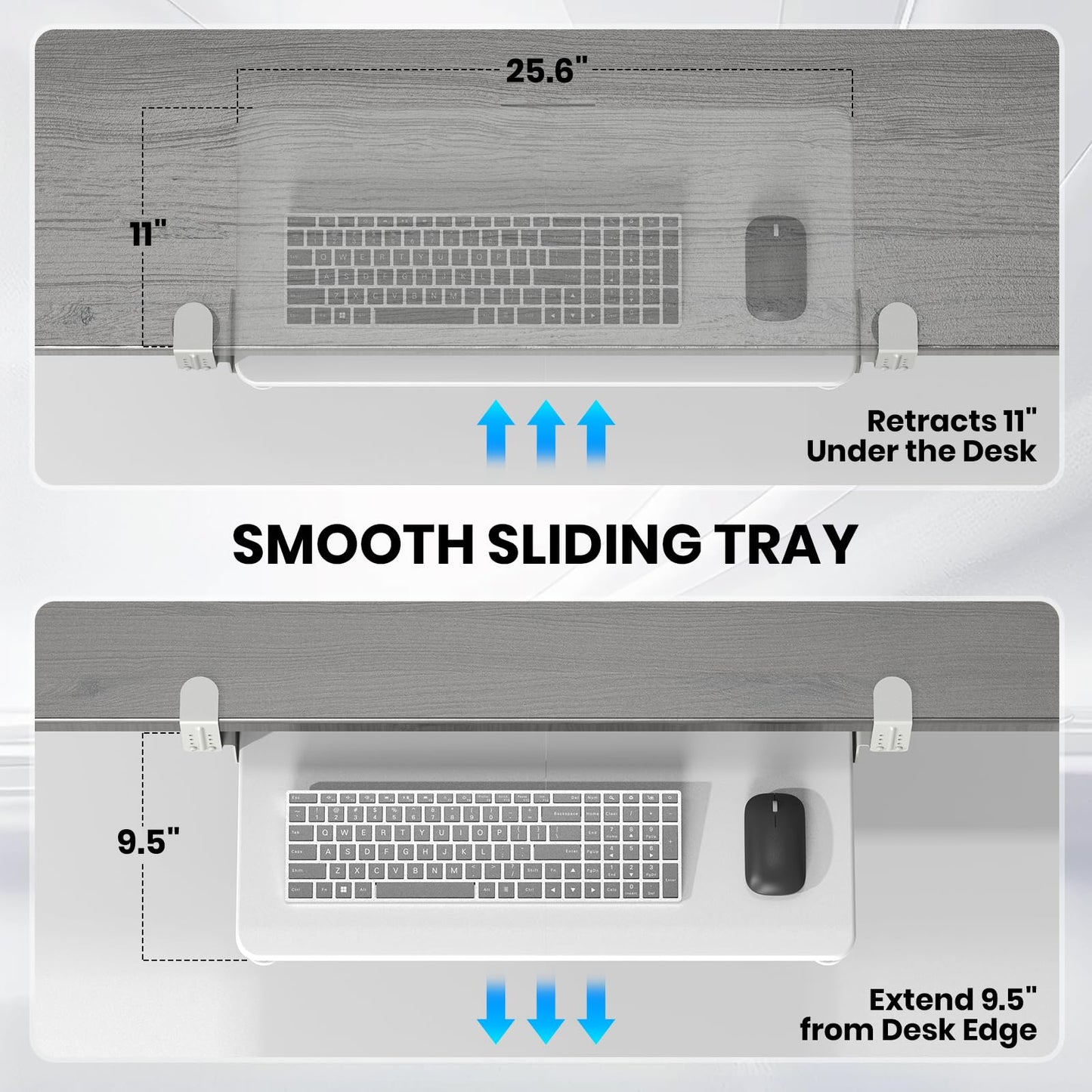 Keyboard Tray Under Desk, Pull Out Keyboard & Mouse Tray with Adjustable C-clamp, 25.6(31.5 Including Clamps) x 11.8 Inch Slide Out Computer Keyboard Drawer Mouse Tray for Typing,White