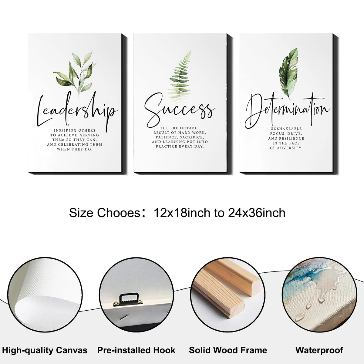 Set of 3 Framed Canvas Art - Motivational Office Wall Decor, Leadership/Success Quotes with Leaves, Inspirational Prints for Bedroom, Framed Positive Vibe Wall Art