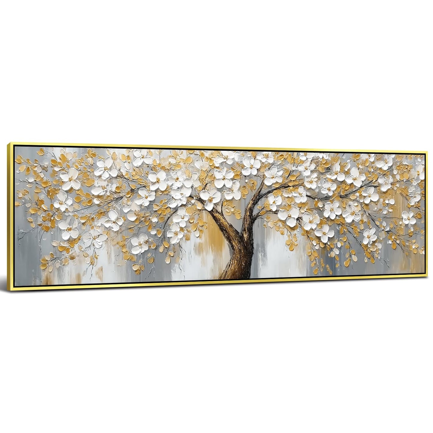 Abstract Tree Canvas Wall Art Gold Framed Modern Office Decorations,Yellow Gray Wall Decor Nature Blossom Flowers Trees Scenery Painting Poster Modern Artwork for Bedroom Home Decorations 14x48”