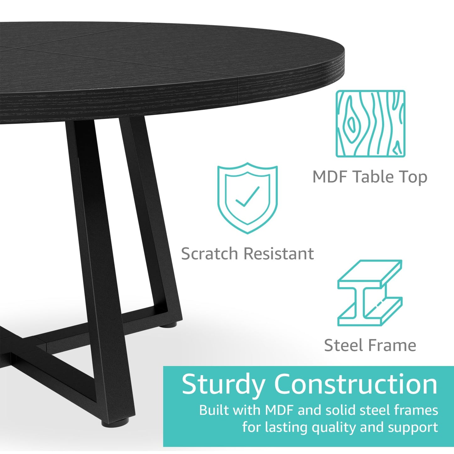NUTIKAS 47 Inch Round Dining Table for 4, Modern Black Wood Grain Kitchen Table with Cross Metal Legs, Circular Industrial Dinner Table for Small Spaces, Breakfast Nook, Apartment, Office
