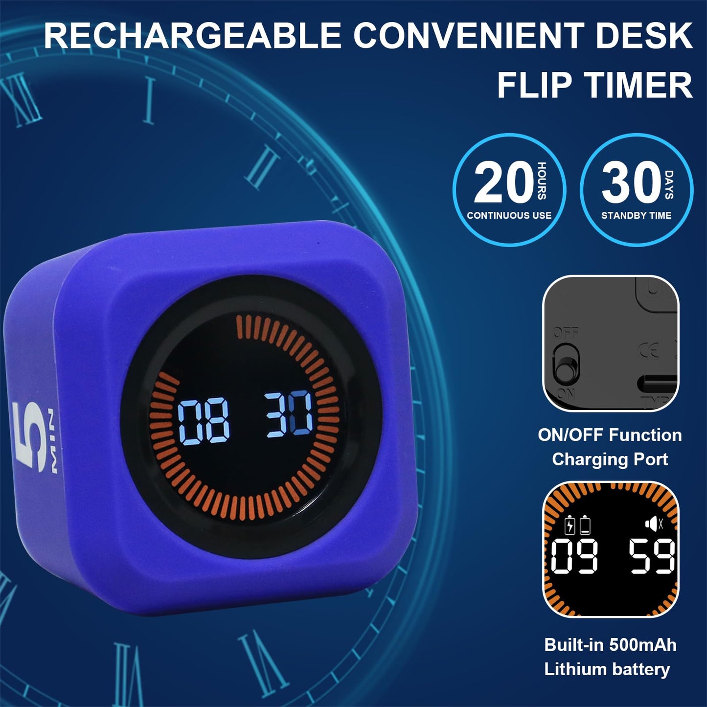FCXJTU Rotating Cube Pomodoro Visual Timer 5, 25, 10 50 Minutes Preset, Rechargeable Desk Productivity Flip Custom Countdown Timer w/Silicone Cover, Silent Mode for ADHD Study, Work, School(Orange)