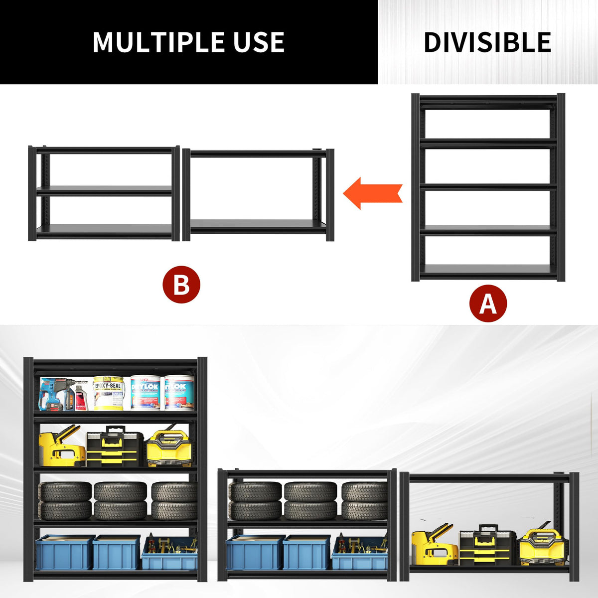 EKJ 72" H Garage Shelving 2500 LBS Heavy Duty Storage Shelves, Adjustable 5 Tier Metal Shelving Unit, Metal Racks for Storage, Utility Shelves for Workshop, Basement, Home Office 72" H*35.4"W*15.7"D