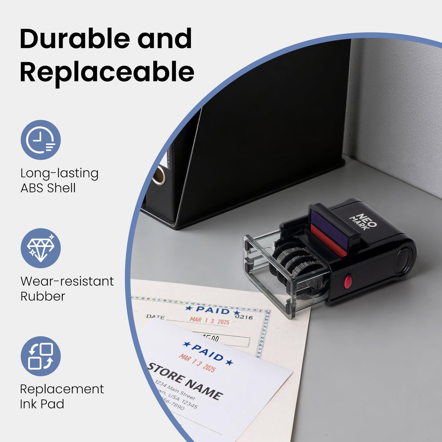 NEO MARK Self-Inking Date Office Stamp with Paid Blue Ink & Date Red Ink, 12-Year Adjustable Rubber Dater, Ideal for Documents, Business & Accounting - with an Extra Refill Ink Pad