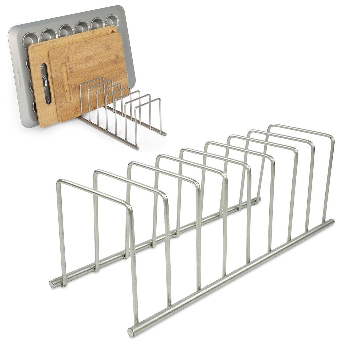 Spectrum Euro Kitchen Organizer Metal Dish Rack Cutting Board Holder Stand for Countertop or Inside Cabinet Organization, 8 Slot Cutting Board Plate Drying Rack for Bakeware Storage, Satin Nickel