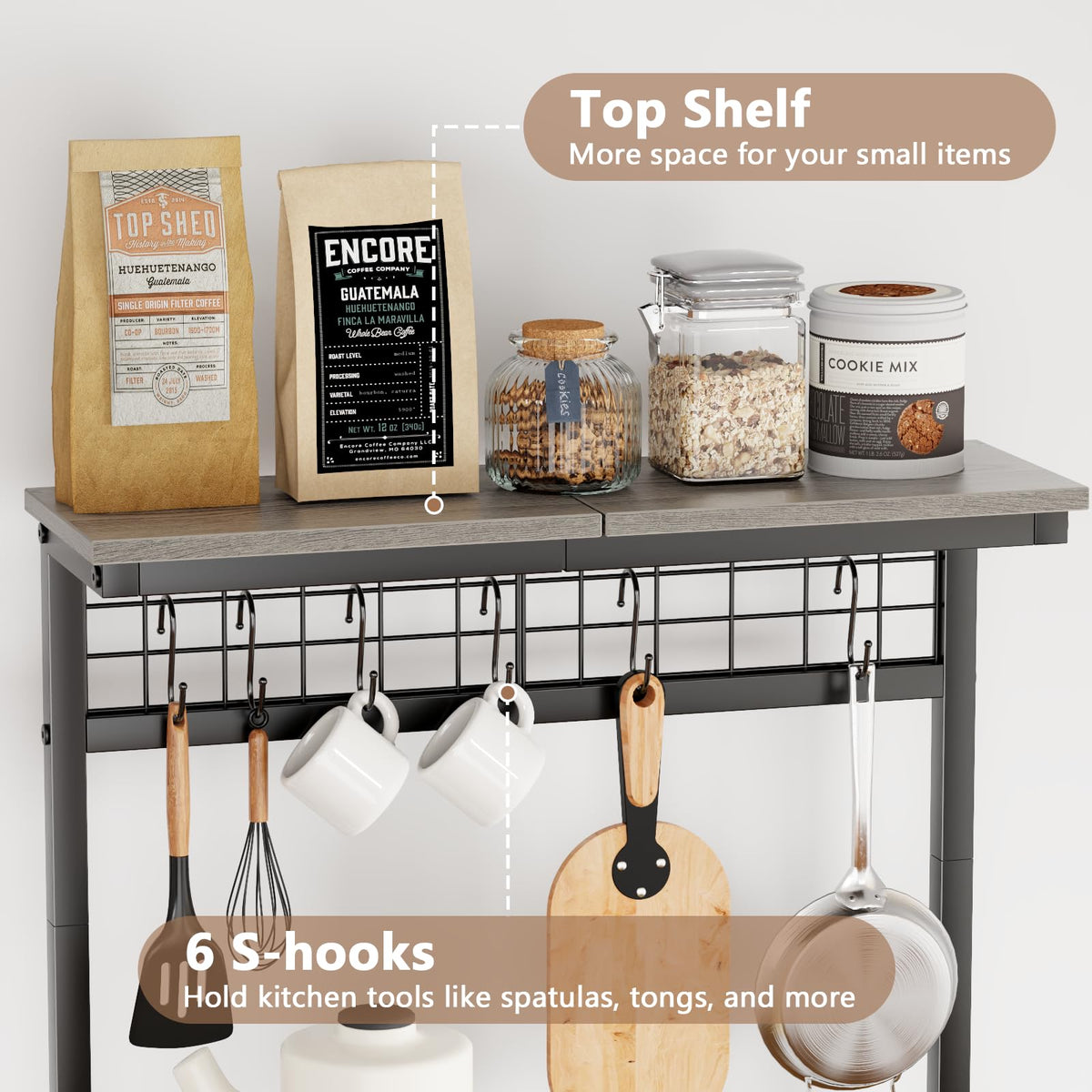 Furologee Kitchen Bakers Rack, Microwave Stand with Storage 4 Tiers, Coffee Bar Station with 6 S Hooks and Pegboard, Kitchen Shelves Rack for Spices, Pots, Black Oak