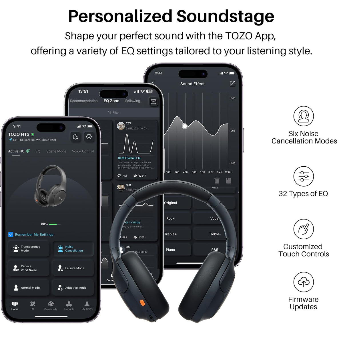 TOZO HT3 Hybrid Noise Cancelling Headphones, 90H Battery Life Wireless Over Ear Bluetooth 6.0 Foldable Headset, AI Voice Assistant with 5 Mics, Connect 2 Devices and Hi-Res Sound, 32 EQ Audio Presets