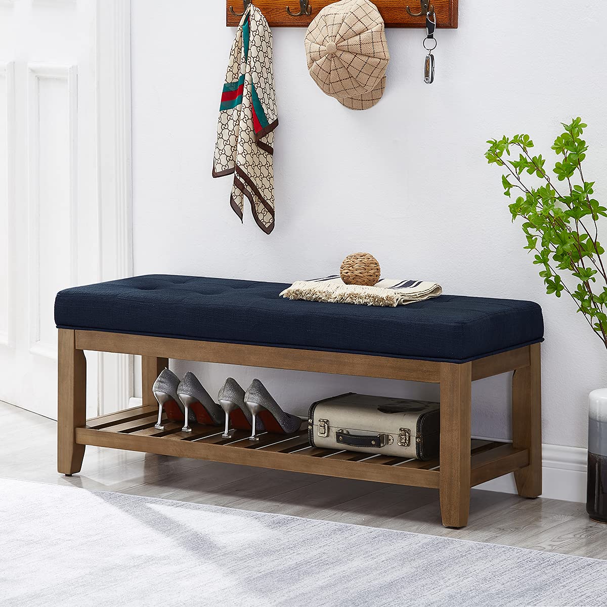 24KF Large Rectangular Upholstered Tufted Linen Fabric Ottoman Bench, Padded Bench with Solid Wood Shelf-Navy Blue