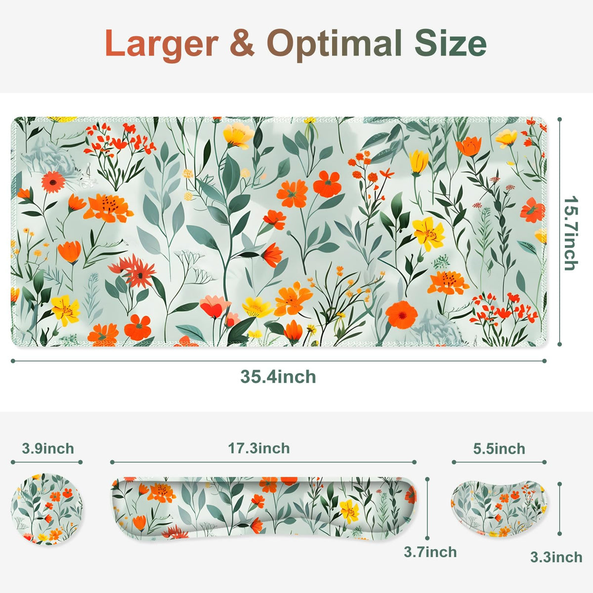 NXZGO Large Gaming Mouse Pad Set, 4 in 1 Ergonomics Keyboard Desk Mat Memory Foam Wrist Rest, Computer PC Extended Game Mousepad, Non-Slip Desk Matt Easy Typing Pain Relief I Blooming Orange Florals