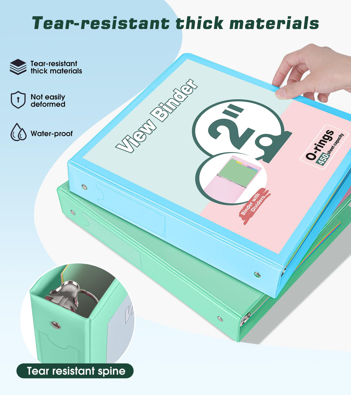 3 Ring Binder 2 inch，Cute Binder Organizer with 5 Tab Dividers Fits 175 Sheets of 8.5x11 Paper, Customizable Clear Cover with Inside Pockets, Aesthetic 2" Three Ring Binders for School Office，Green