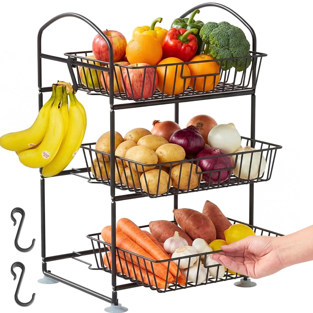 Ofiray-home 3 Tier Fruit Basket with 2 Banana Hangers, Detachable Countertop Fruit Vegetable Basket Organizer for Kitchen Counter, Metal Mesh Fruit Bowl for Potato Onion Bread Snack Veggie