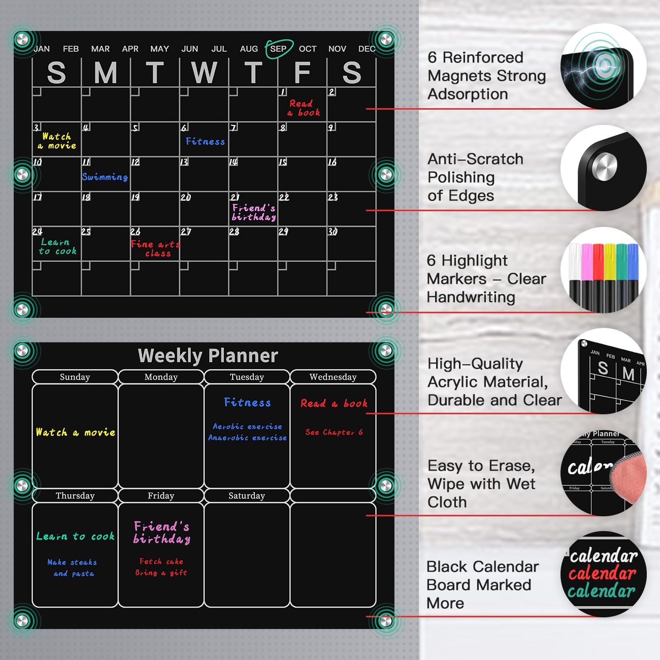 Magnetic Monthly & Weekly Fridge Calendar - Black Dry Erase Acrylic Refrigerator Planning Board Includes 6 Colorful Markers, Pen Holder, Towel, Hook