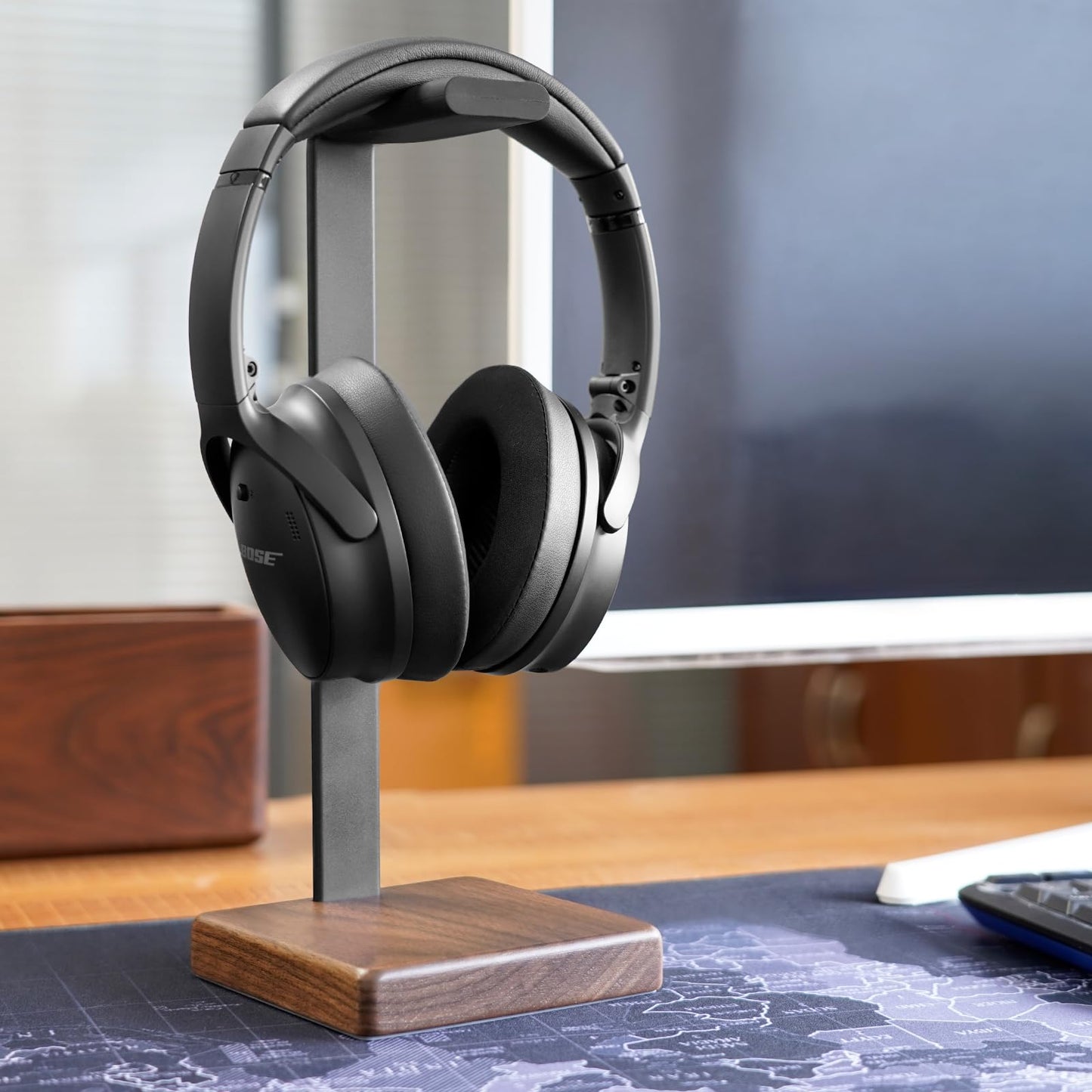 GEVO Headphone Stand for Desk - Wooden Headset Stand for Desk - Wooden Headphone Holder with Airpods Max and More(Square)