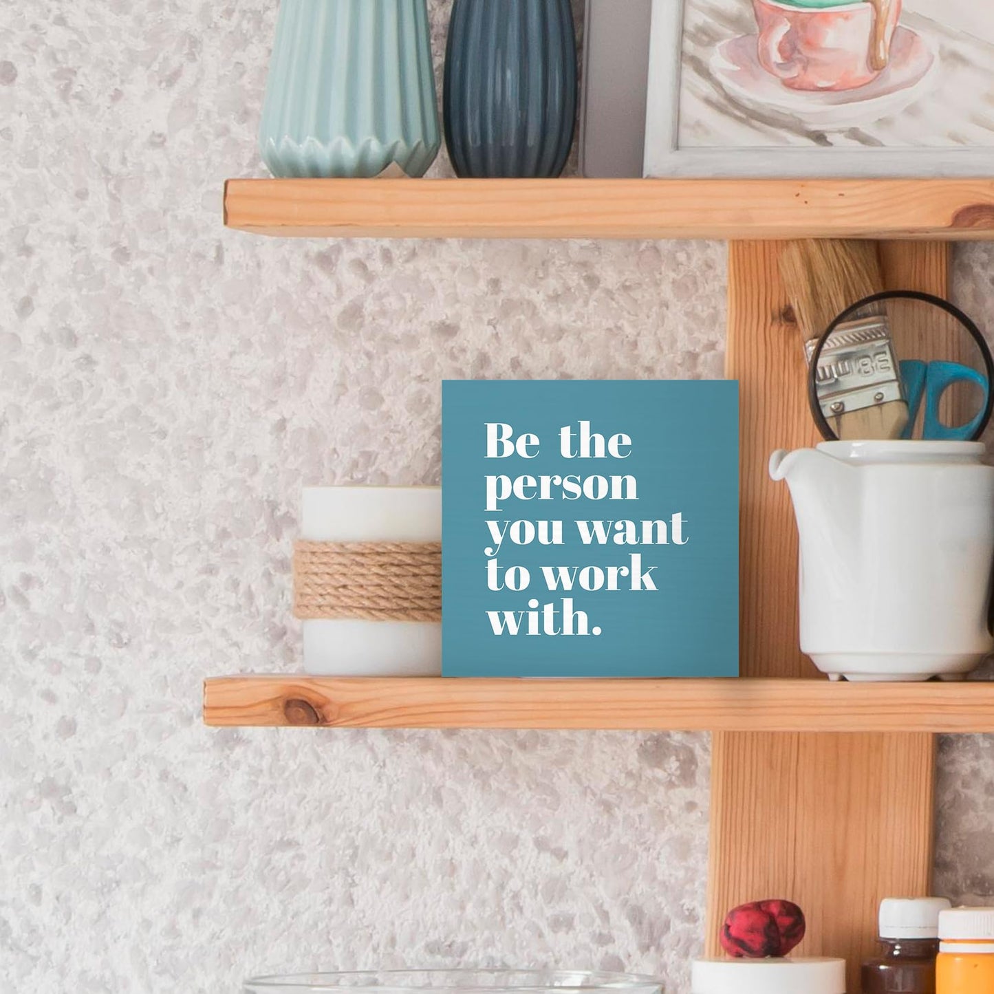 Luipk Be The Person You Want to Work With Inspirational Wood Box Sign Desk Decor 5X5, Teamwork Motivational Blue Green Wooden Block Sign Decorations for Home Office Workplace Wall Tabletop Shelf