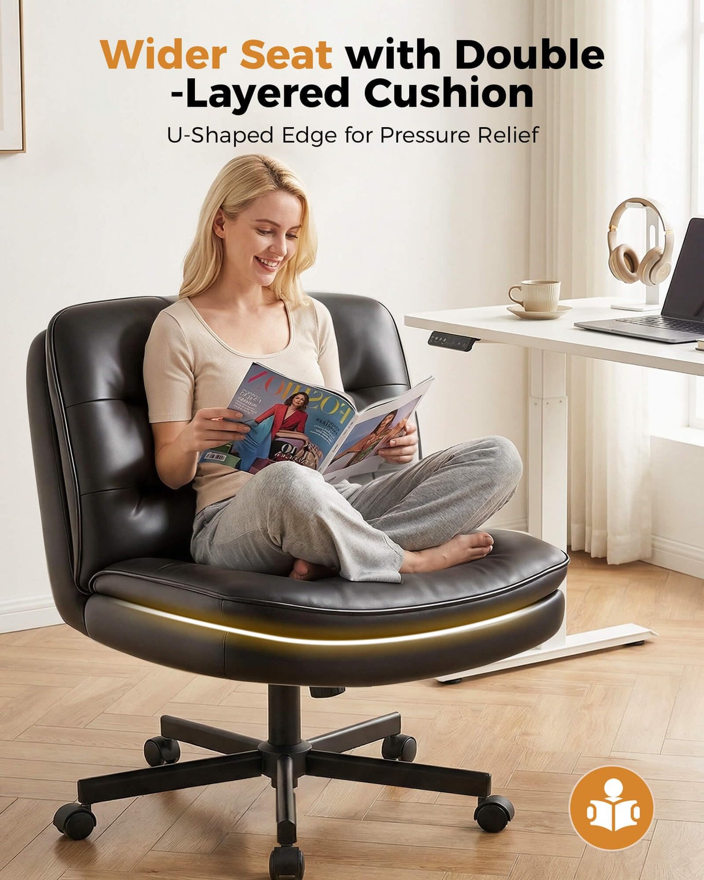 COMHOMA Cross Legged Office Chair with Wheels Armless Office Desk Chair, Modern Vanity Computer Task Chairs for Home Bedroom, Comfortable Wide Seat for Lower Back Pain Relief, PU Leahter, Black
