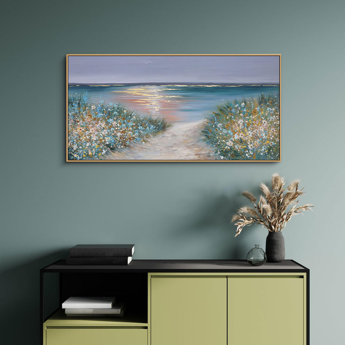 yiijeah Beach Wall Art Large Landscape Canvas Coastal Gold Picture Horizontal Artwork for Walls Ocean Prints Big Paintings Living Room Bedroom Office Home Decor 40x20 Inches