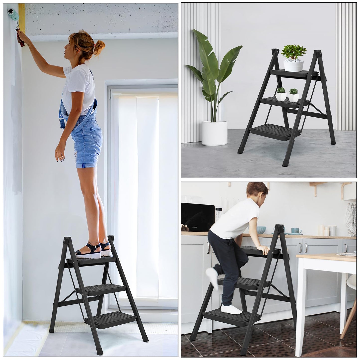 3 Step Ladder, Folding Step Stool for Adults, Lightweight Aluminum Step Ladder, Portable 330 LBS Capacity Ladders for Home Kitchen Library Office, Small Step Stools with Anti-Slip Wide Pedals