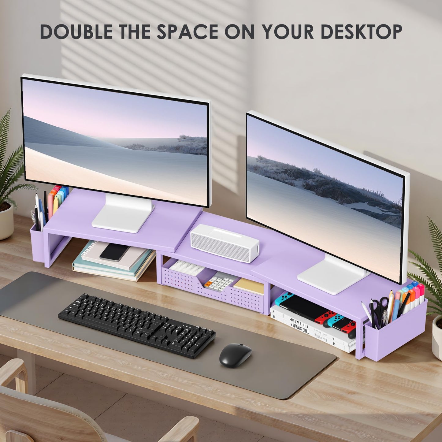 OPNICE Desk Organizers and Accessories, Dual Computer Monitor Stand Riser with Drawer and 2 Pen Holders, Office Desk Accessories, Workspace Desktop Organization for Office Supplies (Purple Metal )