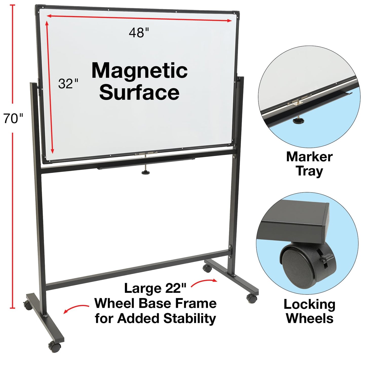 Excello Global Products Large 48"x32" White Board on Wheels: 1 Reversible Magnetic Dry Erase Board with Rolling Stand, 4 Dry Erase Markers, 1 Eraser, 4 Magnets, 1 Marker Tray (Black)