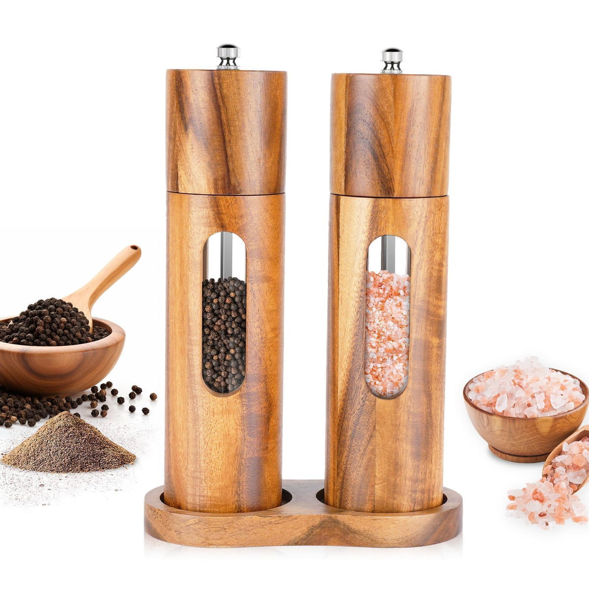 Acacia Wood Salt and Pepper Grinder Set with Base, Refillable Wooden Pepper & Salt Mill with Adjustable Ceramic Grinder for Kitchen & Dining,Durable Manual Salt Grinder