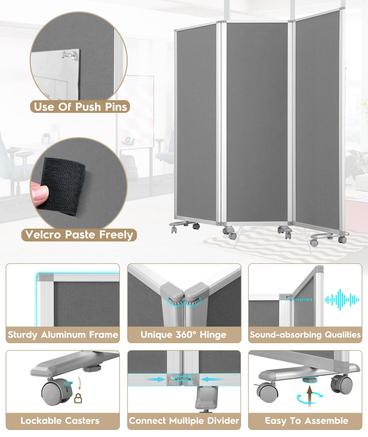 SWANCROWN Folding Office Partition 3-Panel Room Divider 71x71 in, Sliding Privacy Screen Portable Temporary Wall for Cubicle, Studio & Home Office, Soundproof Grey Felt
