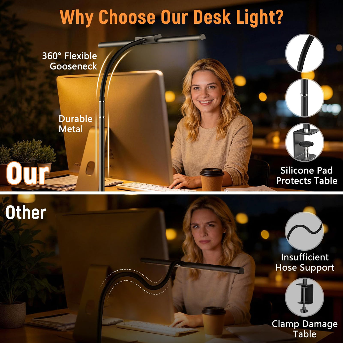 LED Desk Lamp for Home Office, Flexible Gooseneck Desk Lamp with Clamp, 5 Color Touch Control Stepless Dimming Adjustable Eye-Caring Desk Light with Adapter for Reading, Drafting, Study, Workbench