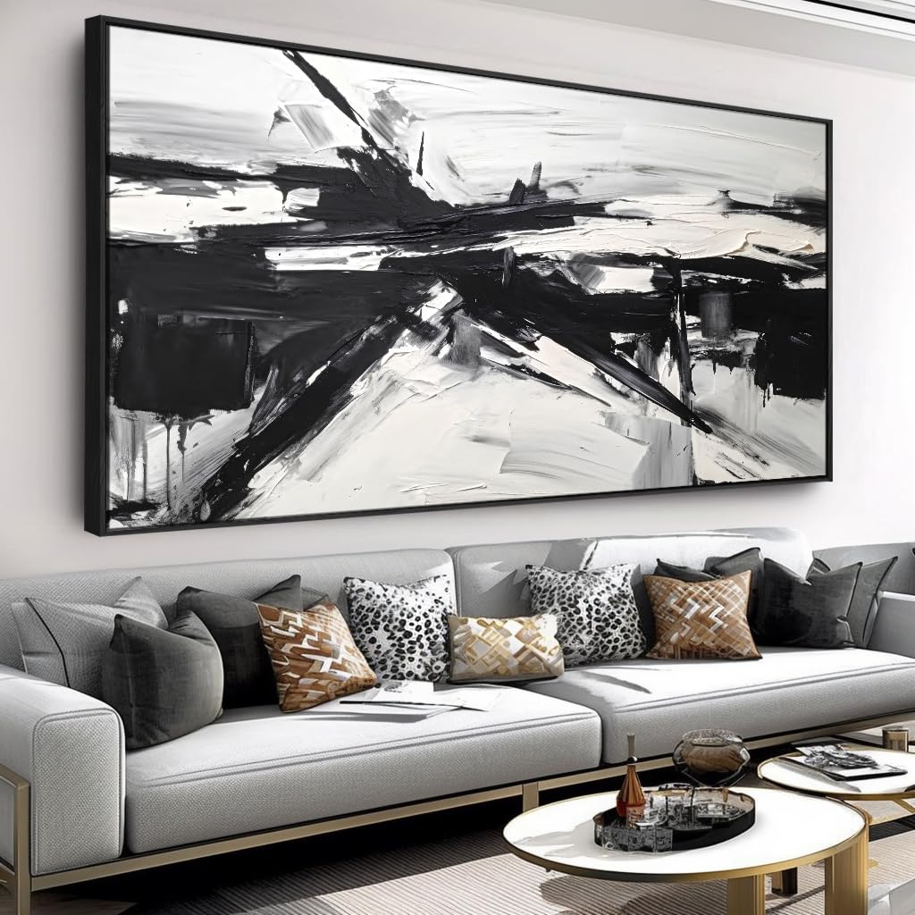 Wall Art Abstract Canvas Painting Black and White Modern Artwork for Living Room Bedroom Dining Room Home Office Decor 20"x40" with Framed