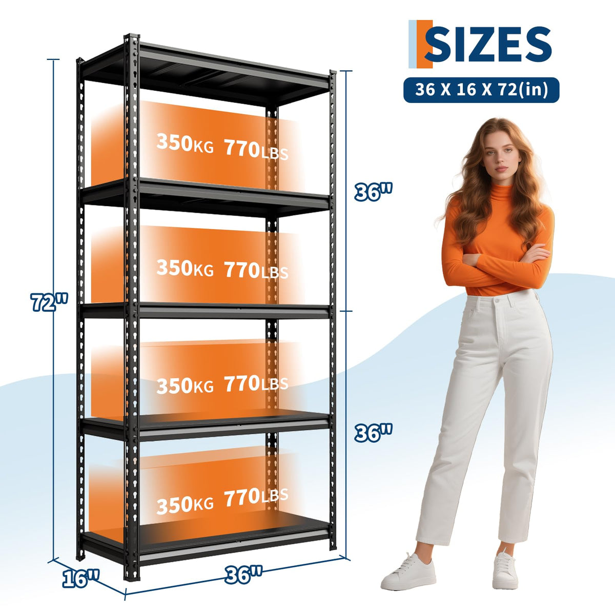 IDEALHOUSE 5-Tier Metal Shelving Unit with 3850 Lbs Capacity – 72" H x 36" W x 16" D Adjustable Steel Storage Rack for Garage, Warehouse, Pantry, Kitchen & Home Organization, Black