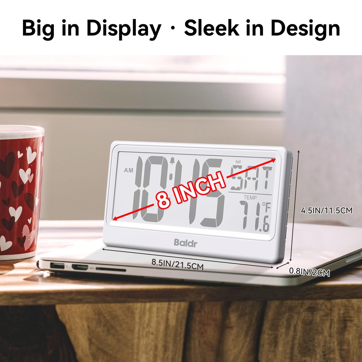 Baldr Digital Clock with Bluetooth Auto Time Sync, No App Required, Large Display Non-Backlit Desktop Alarm Clock, Battery Operated, Temperature & Weekday, Wall or Desk Clock for Home Office, White