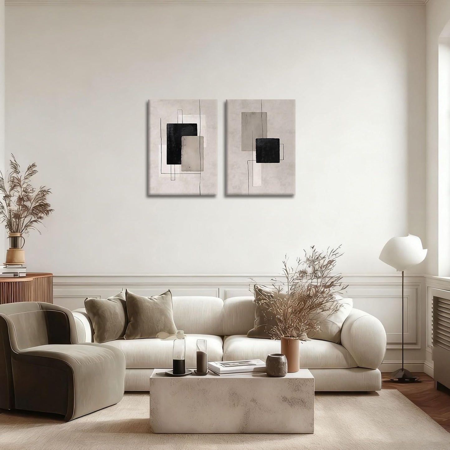 Kdyudo 2 Pcs Large Minimalist Block Line Canvas Framed Wall Art Neutral Abstract Print Poster Wall Decor Black Beige And Brown Geometric Square Line Painting Pictures Living Room Bedroom 12x16 Inch
