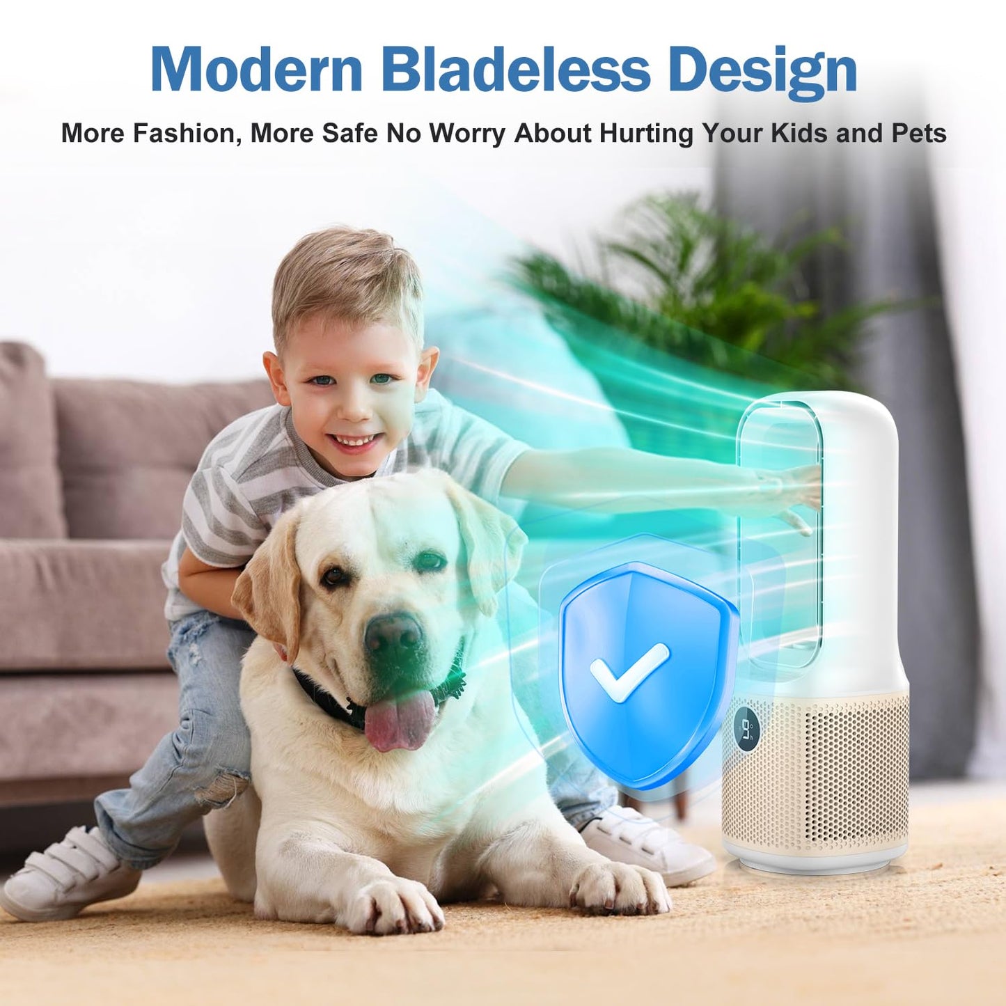Small Bladeless Desk Fan Quiet, 14 Inch USB Rechargeable Table Fan with 5000mAh Battery, 60° Oscillating 9 Speeds Touch Control, 3 Light Modes, Mini Portable Fan for Office Bedroom Living Room