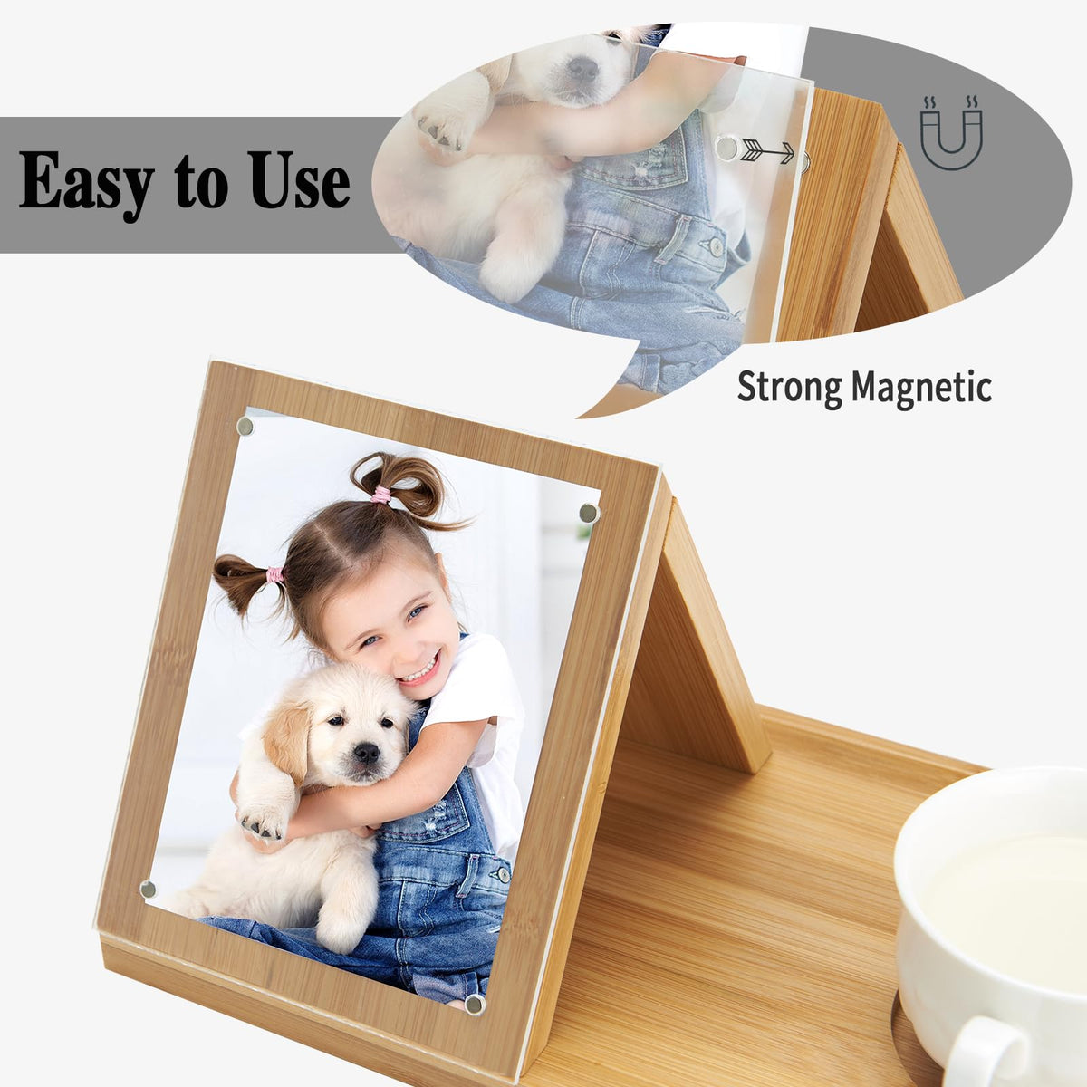ROSOS Bamboo Book Holder, Triangle Book Holder Stand with Acrylic Picture Frame, Book Rest with Cup Holder, Tablet and Kindle Stand, Book Lovers Gifts, Bookish Gifts, Bamboo Book Rest Stand