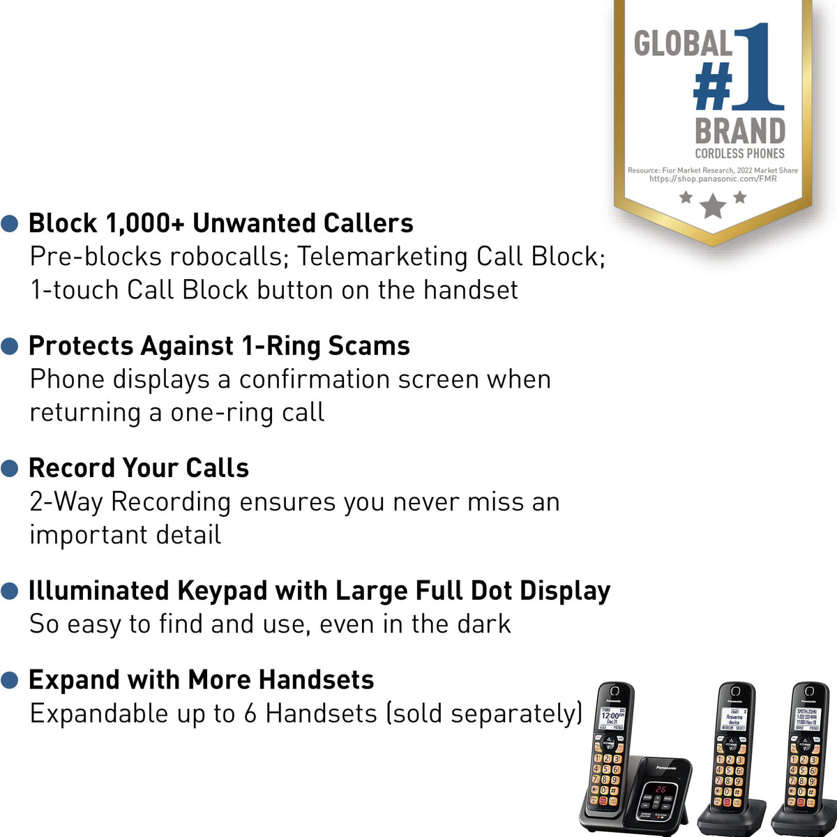 Panasonic Cordless Phone with Answering Machine, Advanced Call Block, Bilingual Caller ID and High-Contrast Display, Expandable System with 3 Handset Cordless Telephones - KX-TGD833M (Metallic Black)