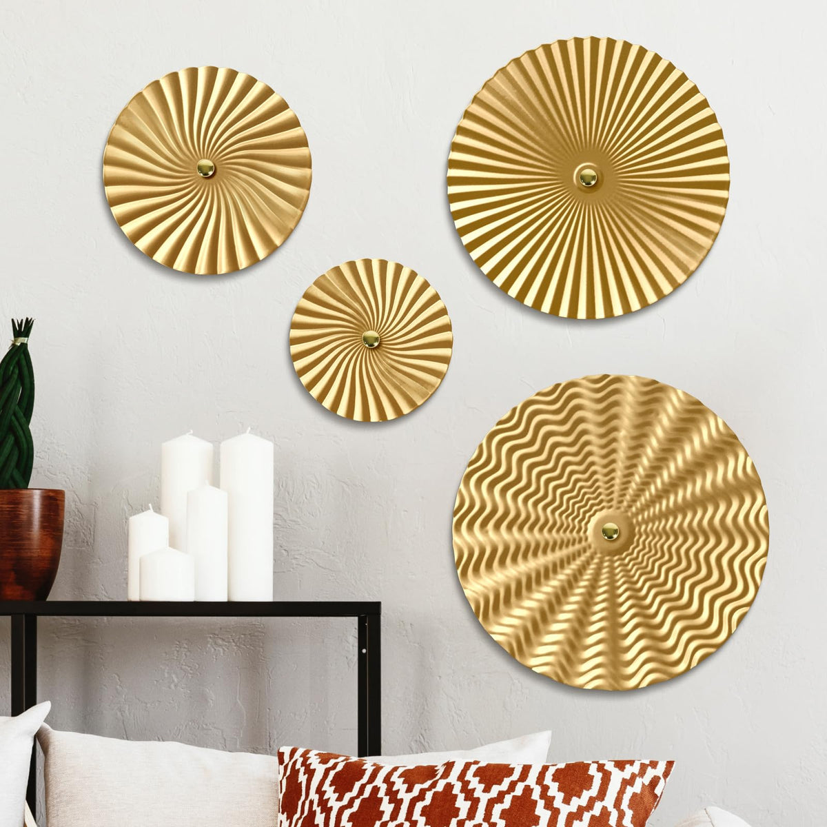 Putuo Decor 12" Starburst Metal Wall Art Set of 4, Round Ripple Hanging Sculptures in Varying Sizes, Textured Iron Wall Accents for Modern Living Room, Bedroom, Entryway or Office