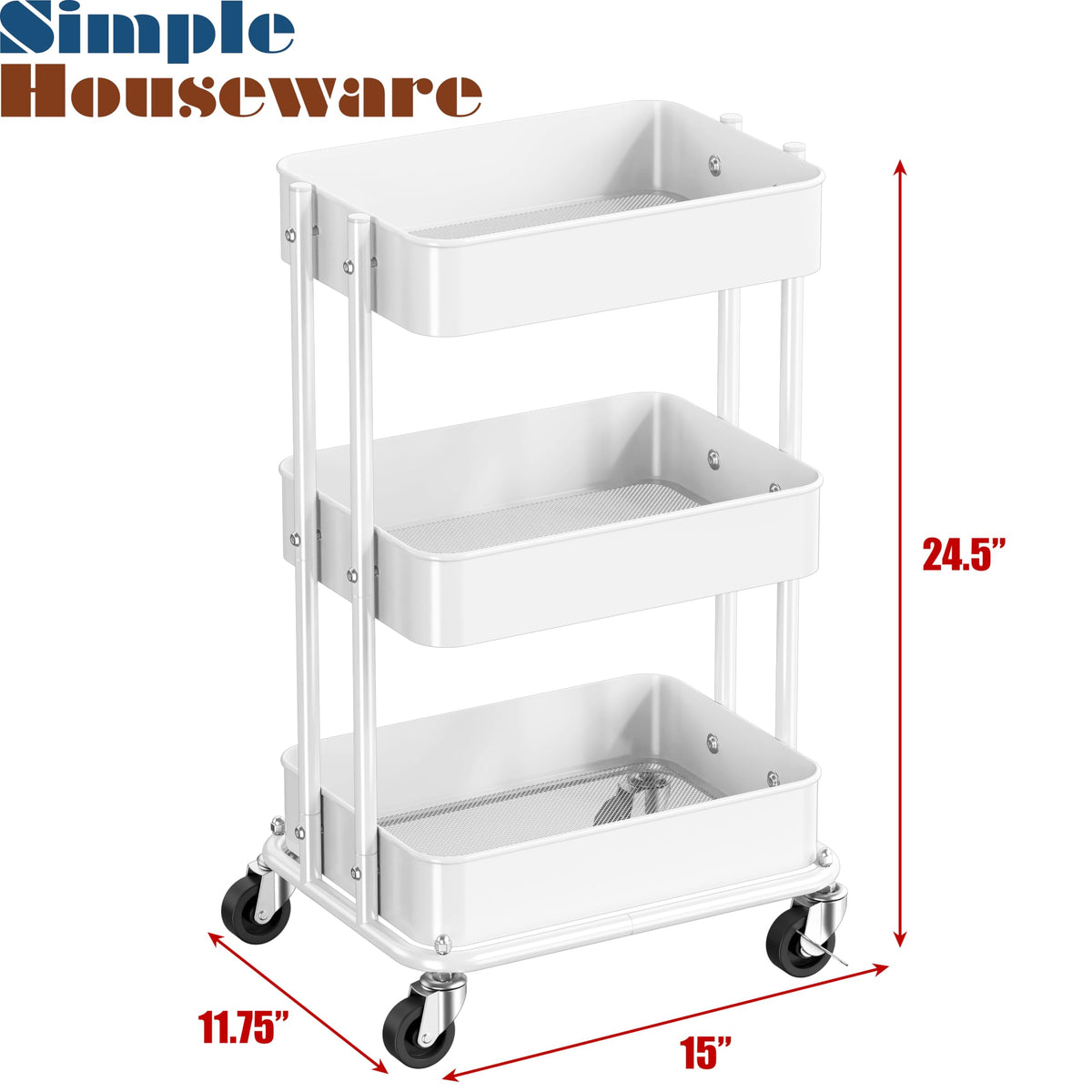Simple Houseware 3-Tier Compact Utility Rolling Cart, Low 24” Height Fits Under Desk, Space-Saving Storage for Home Office, Dining Room, or Kitchen, White