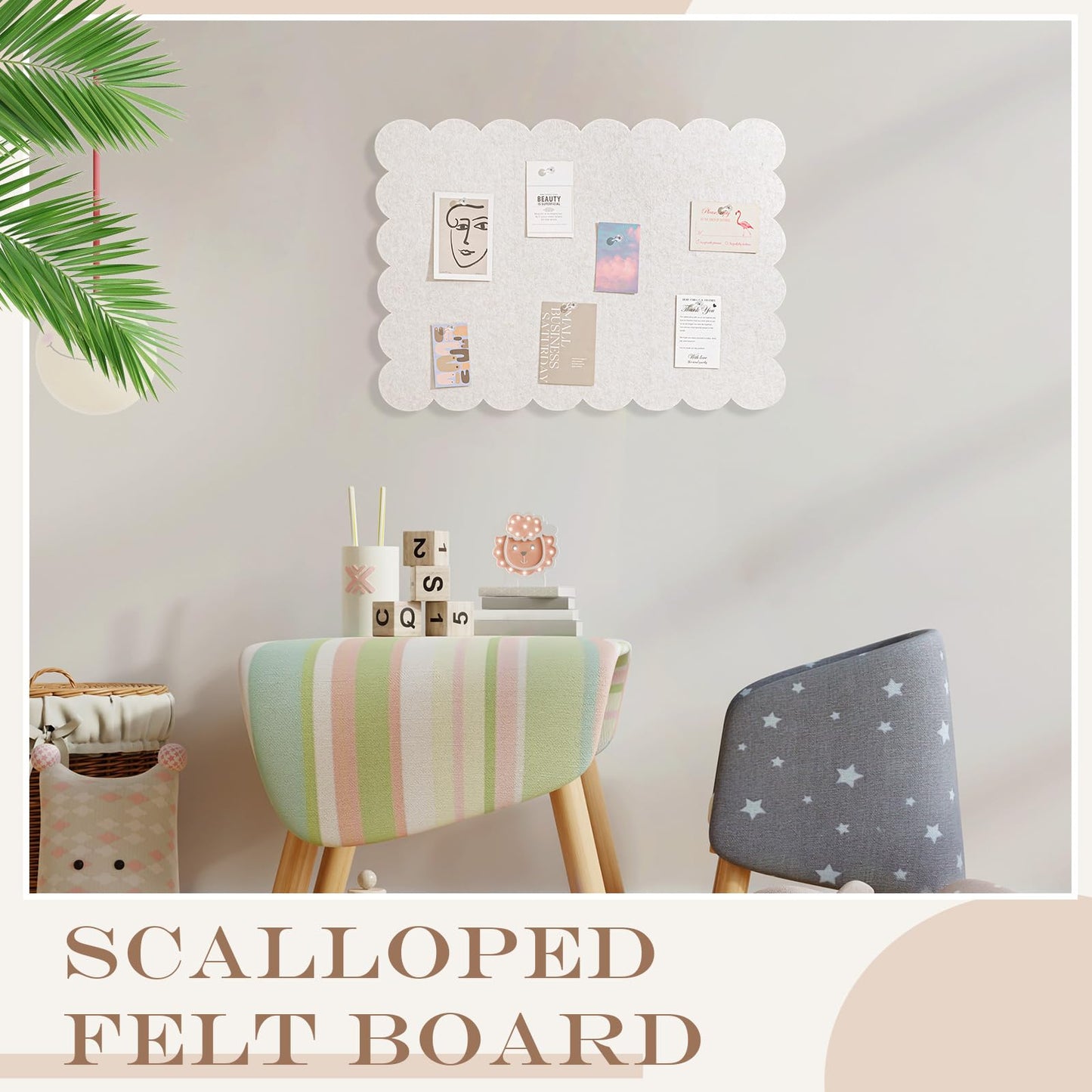 Mooliwe Scalloped Felt Bulletin Board 24 x 18 Inches Foldable Camel Pin Cork Board Alternative for Wall, 2' x 1.5' Trifold Picture Vision Self Adhesive Bulletin Decorative