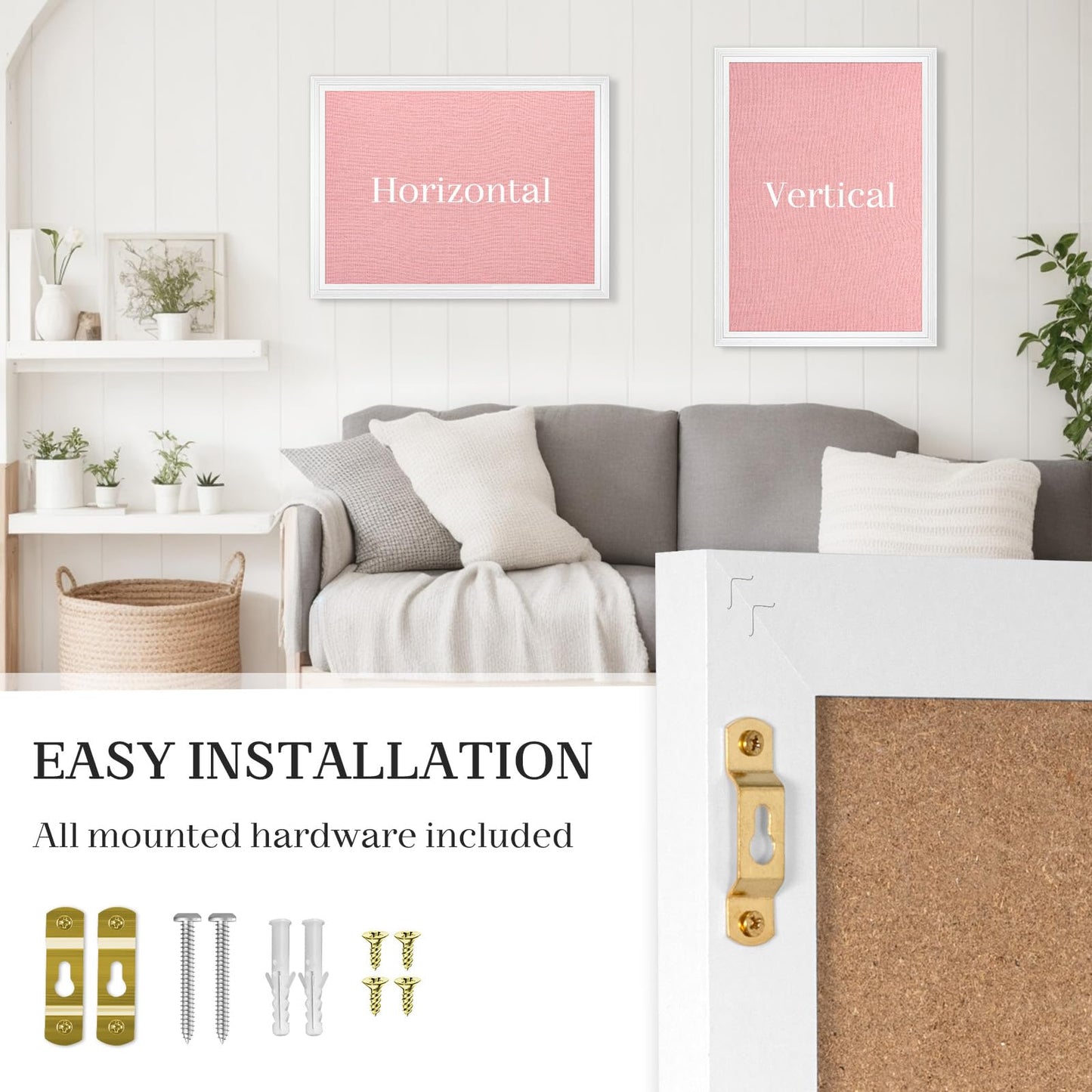 AMUSIGHT Large Pink Cork Board with Linen, 24" x 18" Hanging Wood Framed Bulletin Board, Picture Display Vision Board Corkboards for Wall Room School Office Decor, 10 Pushpins, 1 Pack