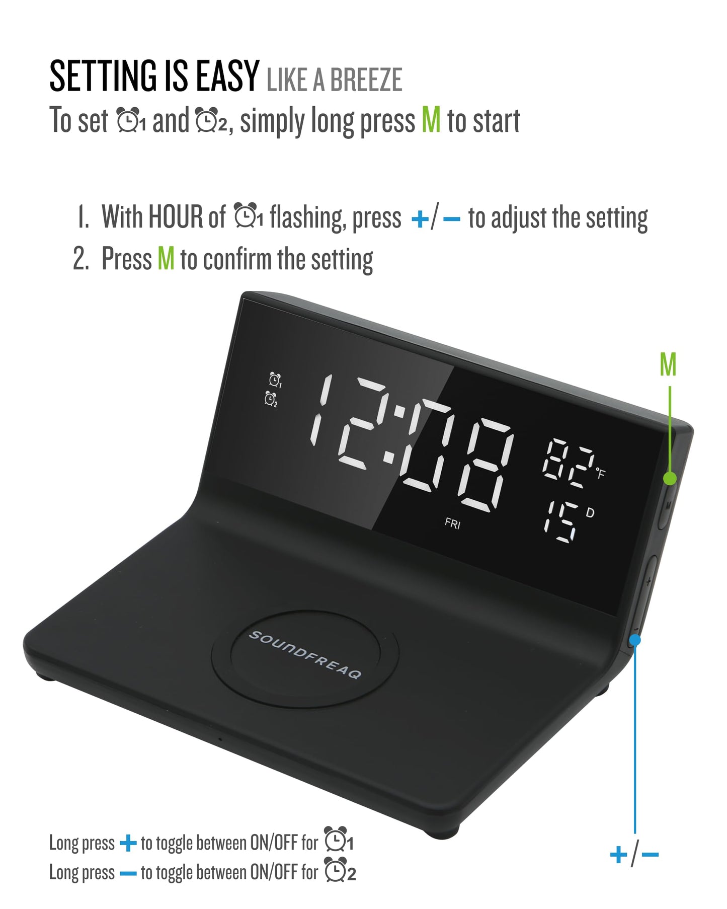 Soundfreaq Charge Rise II, SFQ-20: Digital Alarm Clock, with Dual Alarms, Fast USB Charger and Wireless Charger (Black)
