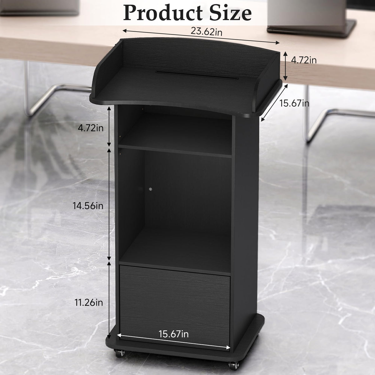 Suuiwau Portable Podium Stand with 4 Metal Wheels, Mobile Lectern Stand with Storage for Church Classroom Restaurant Reception Office Presentation, Wooden Pulpit Desk for Hostess Teacher (Black)