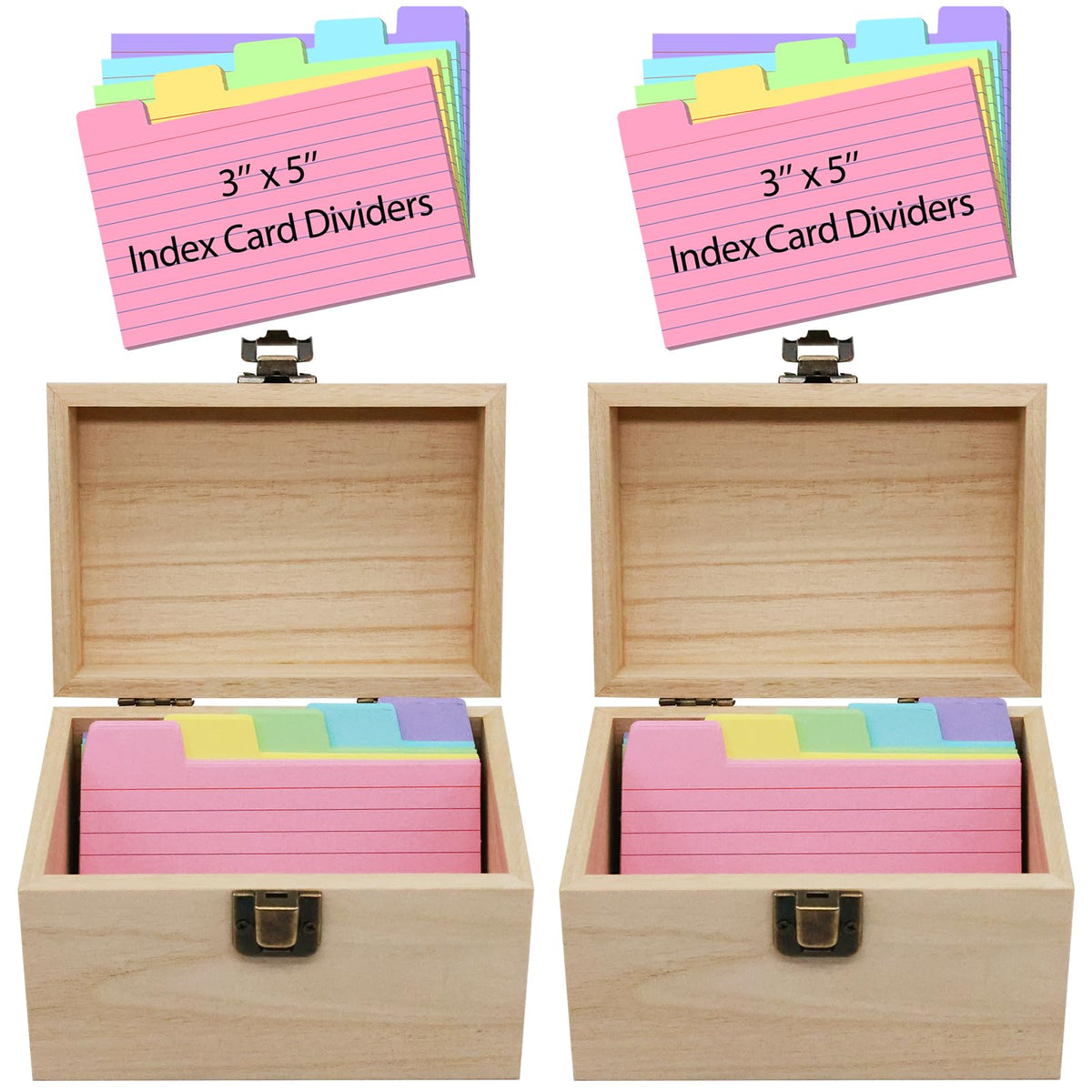 DSYIL Index Card Holder Box 3x5, Wooden Card Box with 100 Dividers, Recipe Cards Case, Business Card Organizer for Flash Card, Notecards and Study Cards, 2 Pack