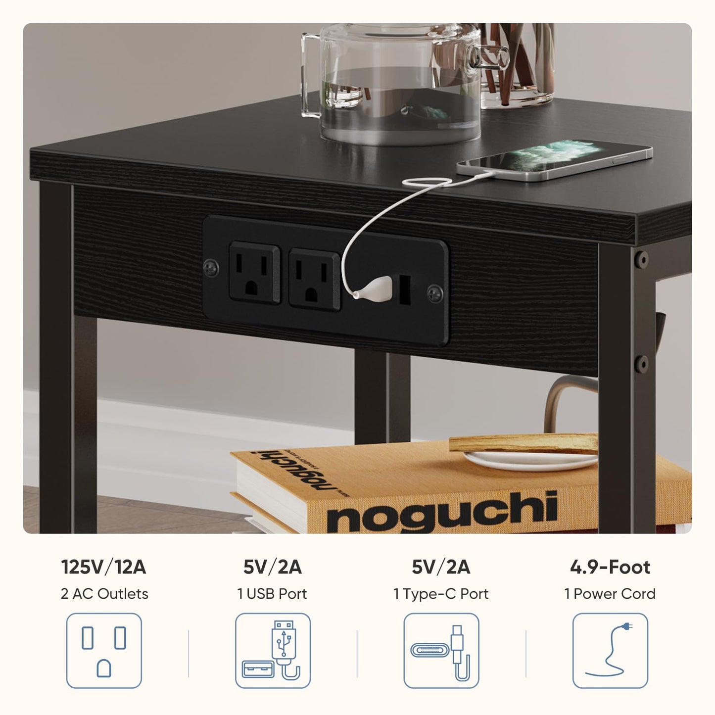 DUMOS 15.7" Small Side Table with Charging Station, End Table with Outlets & USB Ports, 3-Tier Adjustable Storage Nightstand for Living Room, Bedroom, Small Spaces, Record Player Stand, Black