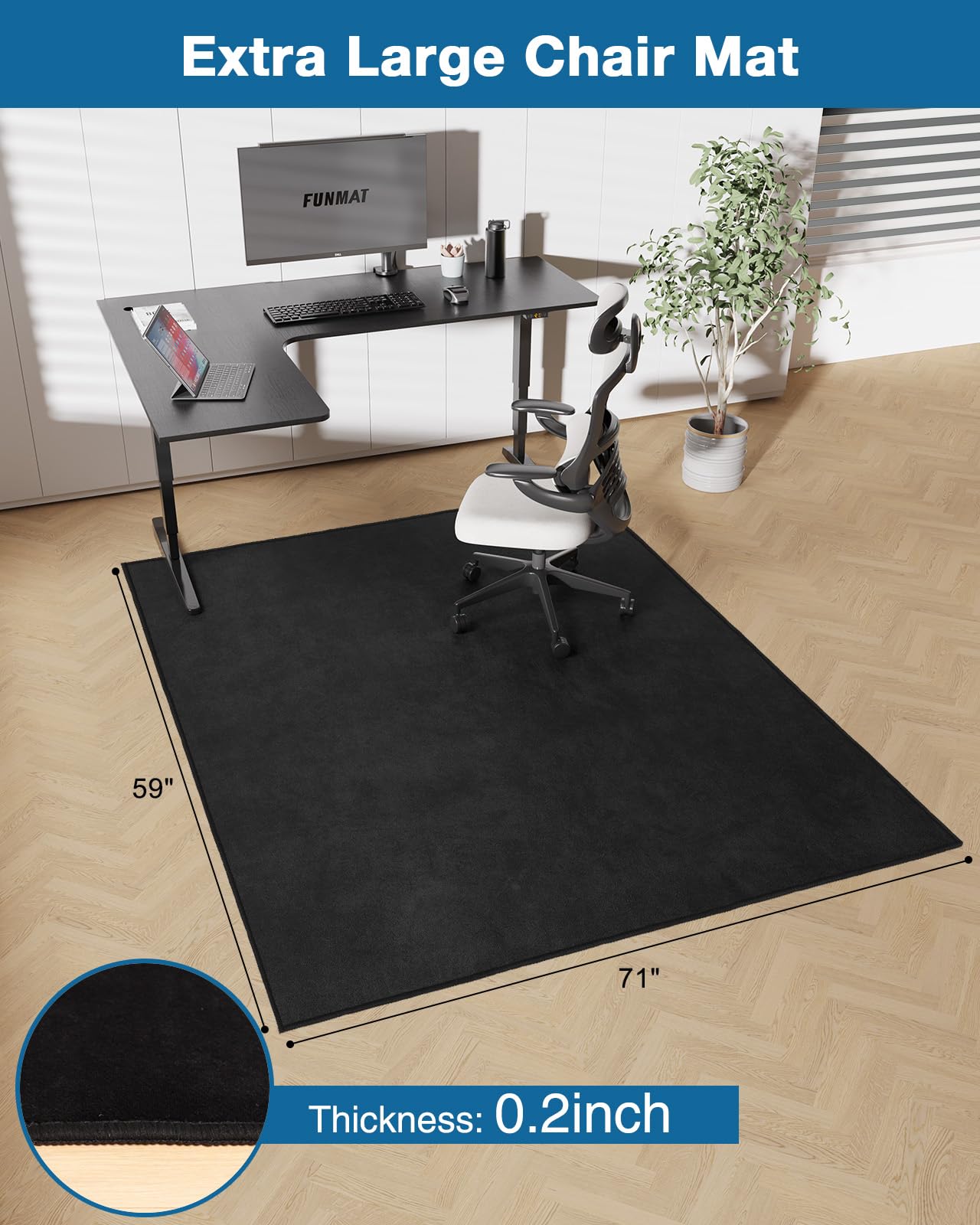 FUNMAT Office Chair Mat for Hardwood Floor, 59"x71" Flannel Fabric Large Chair Mat for Hard Floors, Non-Slip Under Desk Rug for Rolling Chairs, Soft Floor Protector Area Rug for Home Office, Black