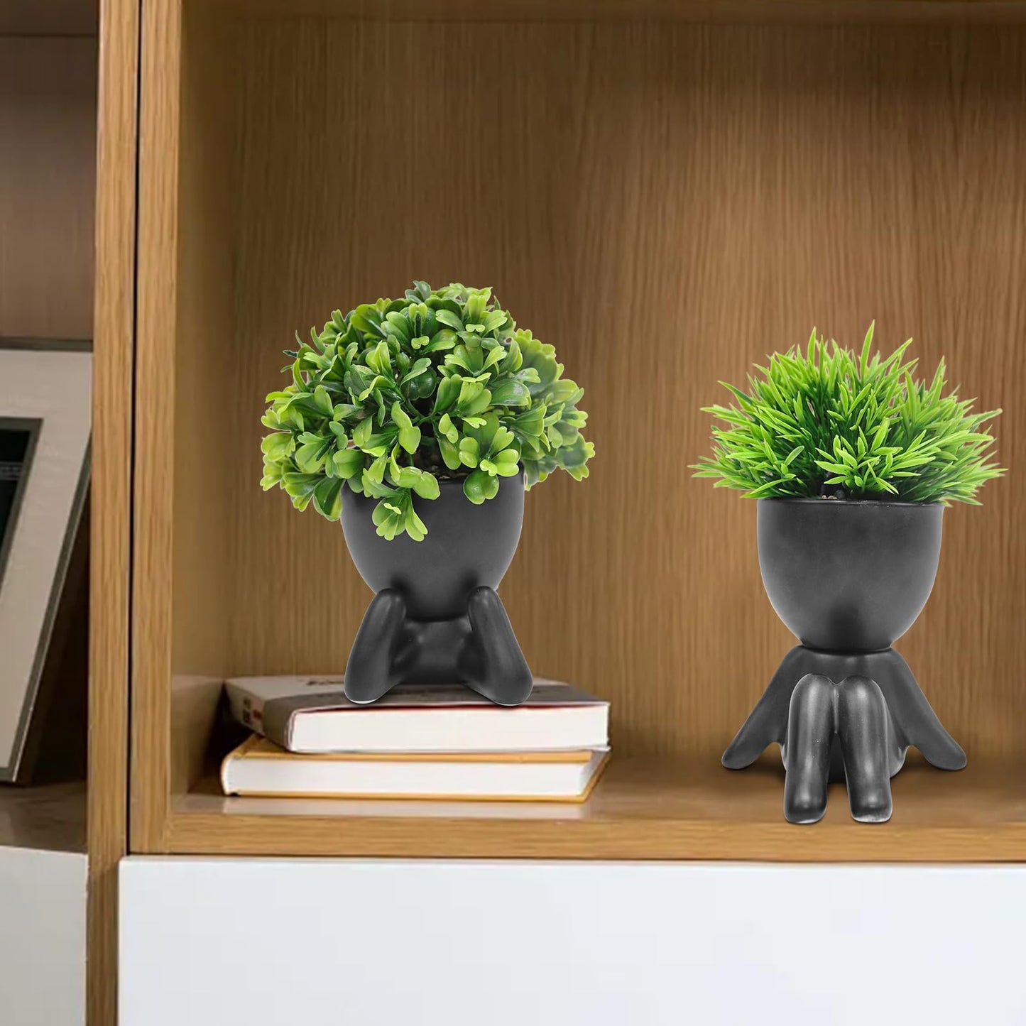 MAKHOT 4PCS Cute Artificial Mini Succulent Plants with Creative Human Shaped Pots, Small Fake Plants for Shelf Desk Tabletop Office Home Decoration(Black)