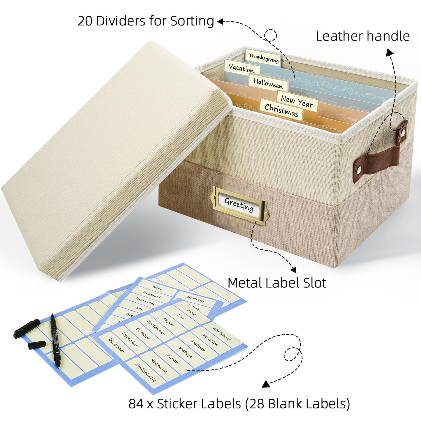 Remowith Greeting Card Organizer, Linen Storage Box with 20 Removable Dividers, 84 Labels & 1 Marker, Perfect for Greeting Cards, Photos, Envelopes, Stickers, Postcards, Beige&Khaki