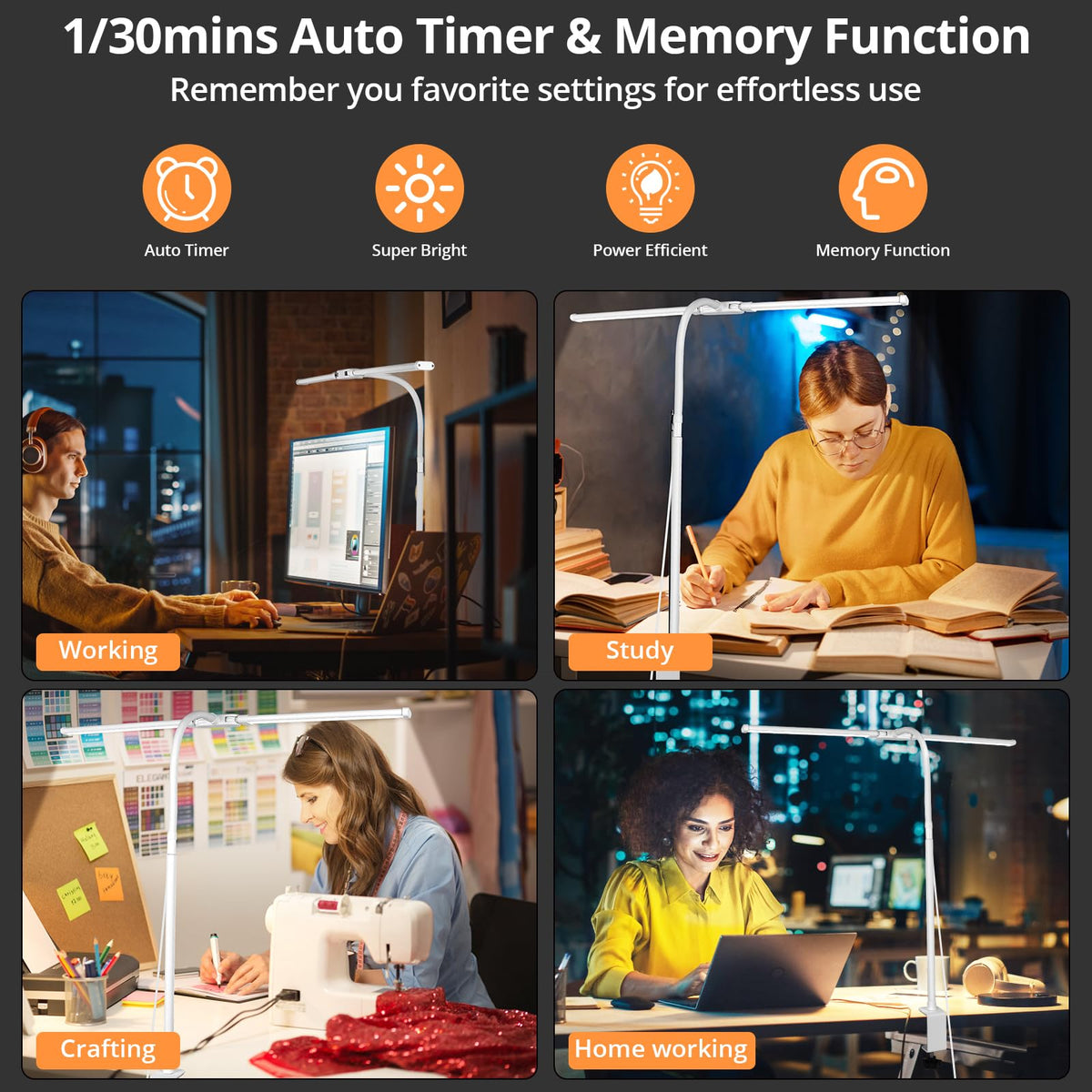 Woputne Desk Lamp with Clamp, with 5V 2A Adapter, LED Desk Lamp with Dual Head, 50 Light Modes, Computer Monitor Flexible Neck Lamp, Eye Protection Desk Lamps for Study, Office, Crafts, Draw(White)