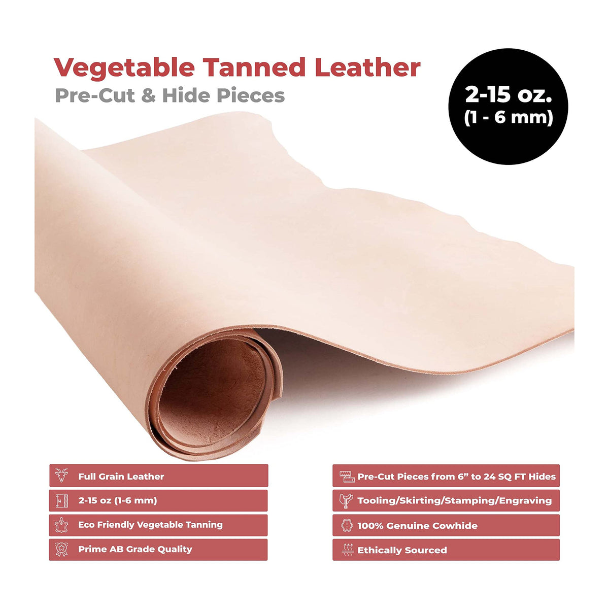 ELW 7-8 oz (2.8-3.2mm) Thickness Weight 10"x24" Vegetable Tanned Leather Cowhide Grade AB Full Grain Leather for Tooling, Carving, Engraving, Molding, Embossing, Stamping, & Dyeing
