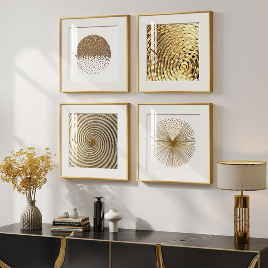 4 Pcs Framed Modern Gold and White Wall Art, Luxury Minimalist Canvas Pictures Prints, Geometric Painting Artwork Home Decoration for Hallway, Bathroom, Dining Room and Living Room