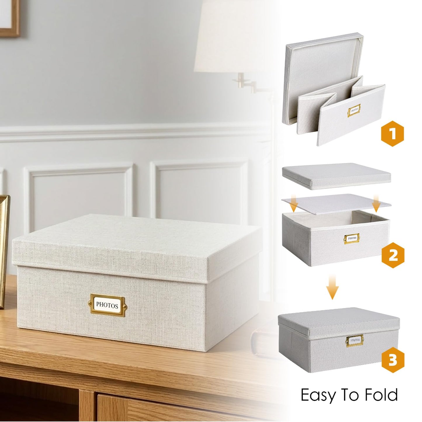 LEARNIBEE Decorative Photo Storage Box, Sturdy Linen Photo Organizer with Dividers & Envelopes, Holds Up to 1700 Pictures and 4x6 Photos, Keepsake Storage for Photos, Scrapbooks & Cards