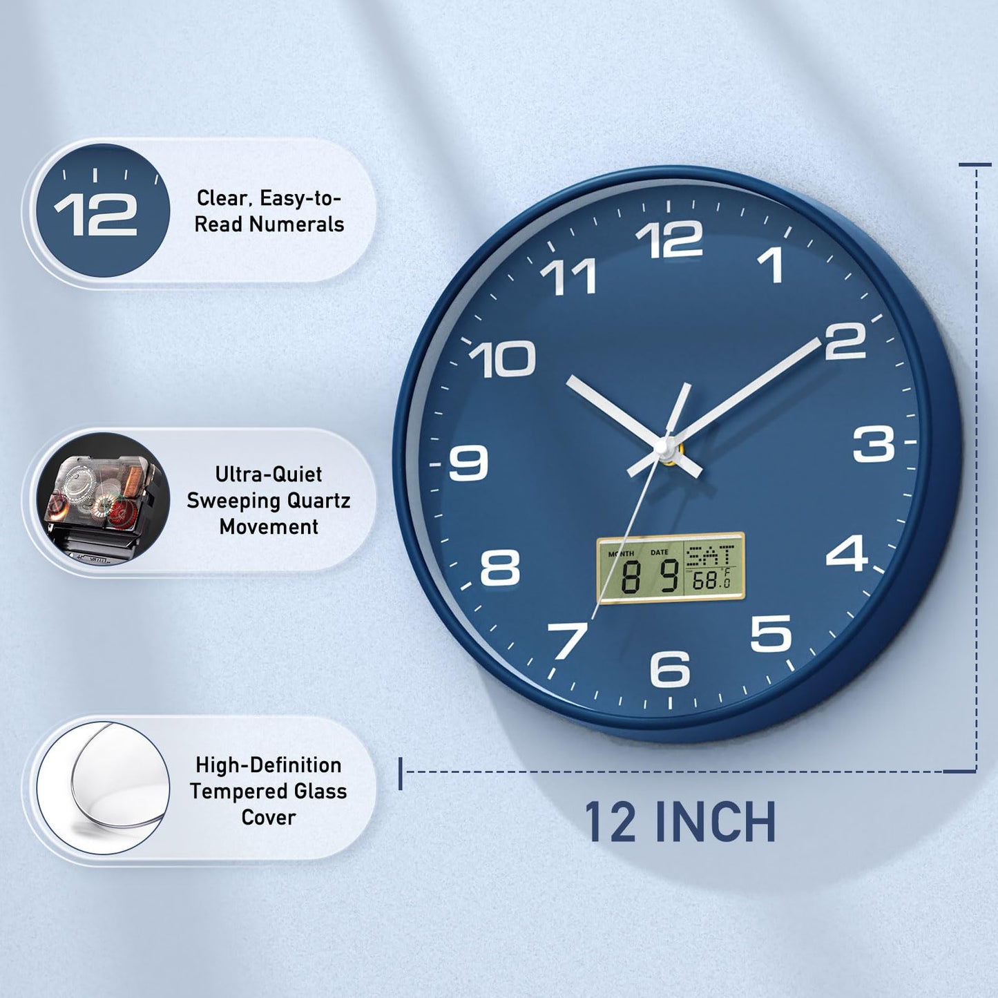 12 Inch Wall Clock, Silent Non-Ticking Analog with LCD Display, Battery Operated, Perpetual Calendar, Date, Weekday & Temperature (°C/°F), Tempered Glass for Living Room, Bedroom, Kitchen, Office