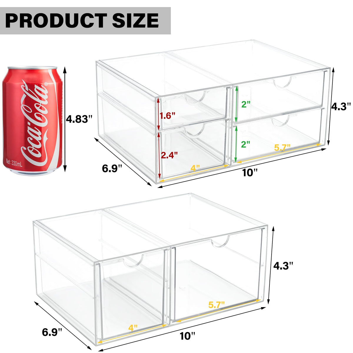 Prsildan Acrylic Drawer Makeup Organizer with 6 Drawers (Not for Baby Bottle), Set of 2 Office Desk Organizers Accessories, Clear Stackable Storage Drawers for Vanity, Craft (Largest Drawer 4" Tall)
